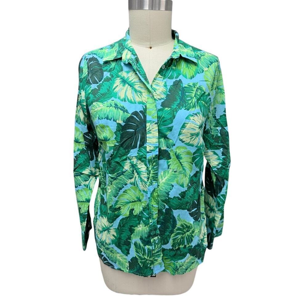 Talbots Green Tropical Leaf Print Button Front Shirt Size L - Picture 2 of 5